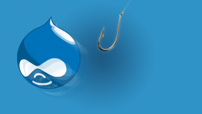 A hook chasing a Druplicon - the official Drupal logo.